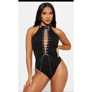 Ribbed Bodysuit with Lace up / Tie and Buckle detail Small